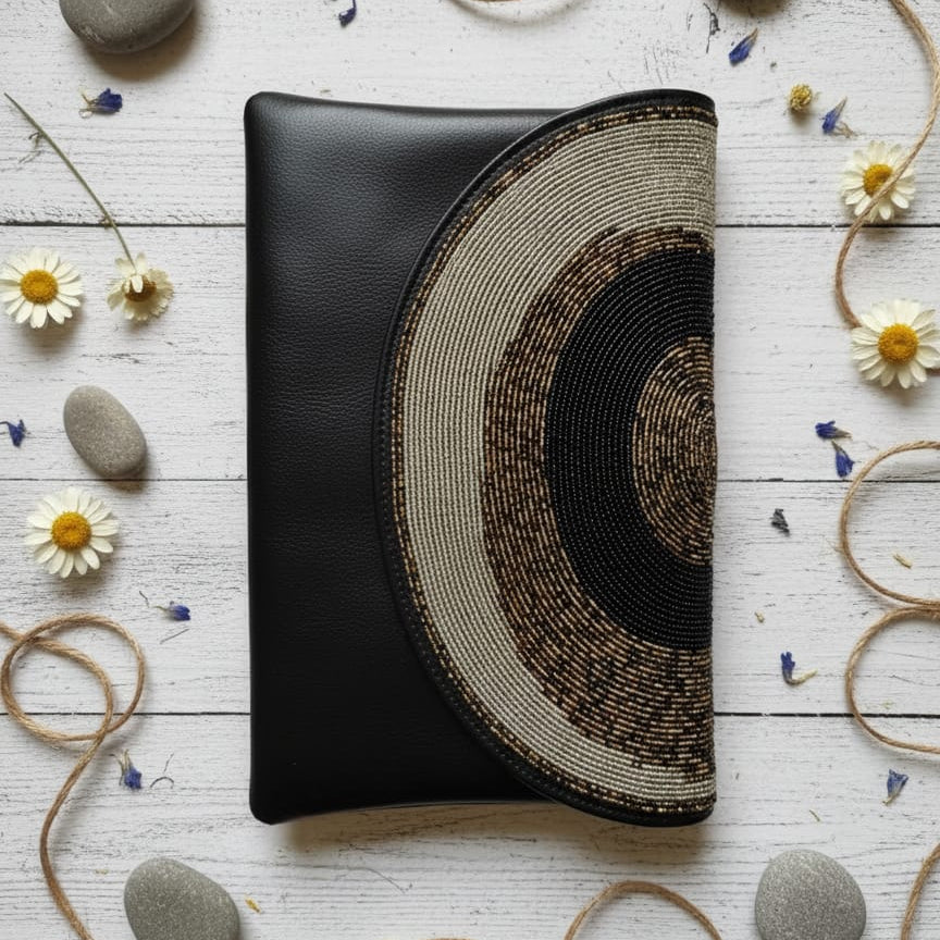 Handcrafted African Glass Bead Vegan Leather Envelope Clutch – Earthtone
