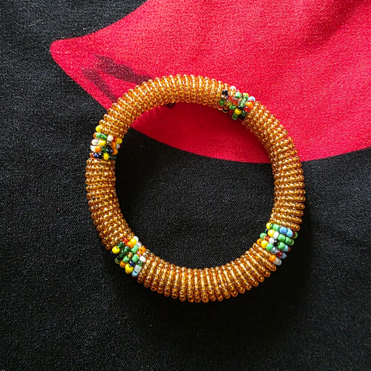 Glass Bead Bangle Bracelet – Handcrafted Maasai-Inspired Design – Golden With Multicolor Beads