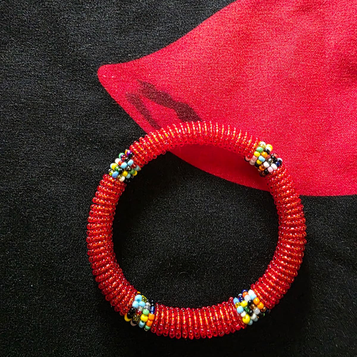 Glass Bead Bangle Bracelet – Handcrafted Maasai-Inspired Design – Red