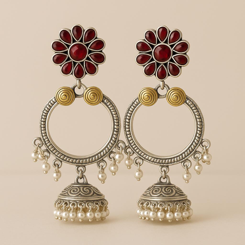Maroon Bloom Dual-Tone Jhumka Earrings with Pearl Detailing