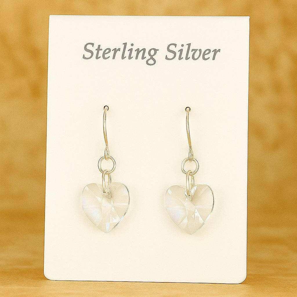 Crystal Dangling Heart Sterling Silver Drop Earrings