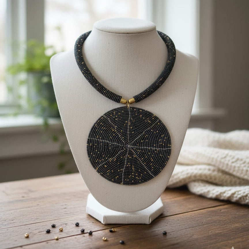 Black Glass Beaded Necklace