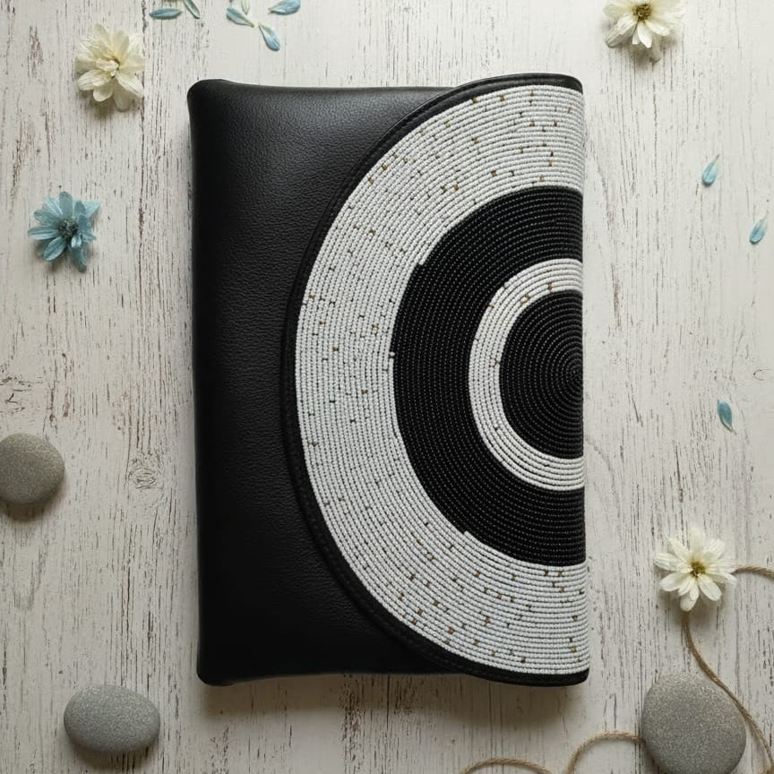 Handcrafted African Glass Bead Vegan Leather Envelope Clutch – Black & White