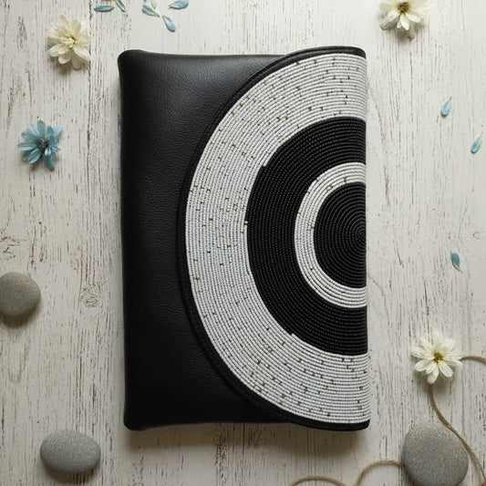 Handcrafted African Glass Bead Vegan Leather Envelope Clutch – Black & White