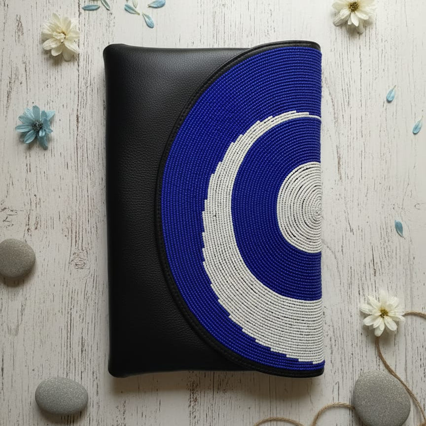 Handcrafted African Glass Bead Vegan Leather Envelope Clutch – Blue Galaxy Circle Pattern