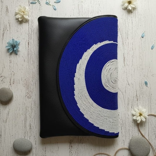 Handcrafted African Glass Bead Vegan Leather Envelope Clutch – Blue Galaxy Circle Pattern