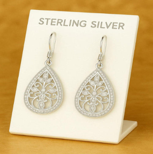 Regal Teardrop Filigree Earrings – 925 Sterling Silver with Cubic Zirconia Glow