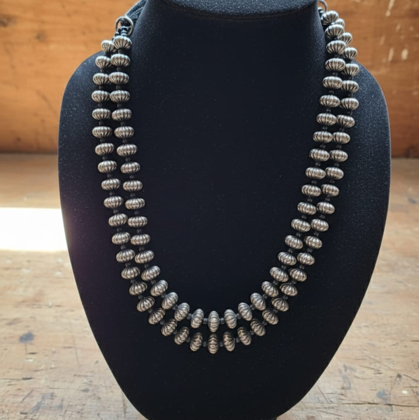 Antique Silver Beaded Necklace – Lightweight Carved-Bead Statement Piece