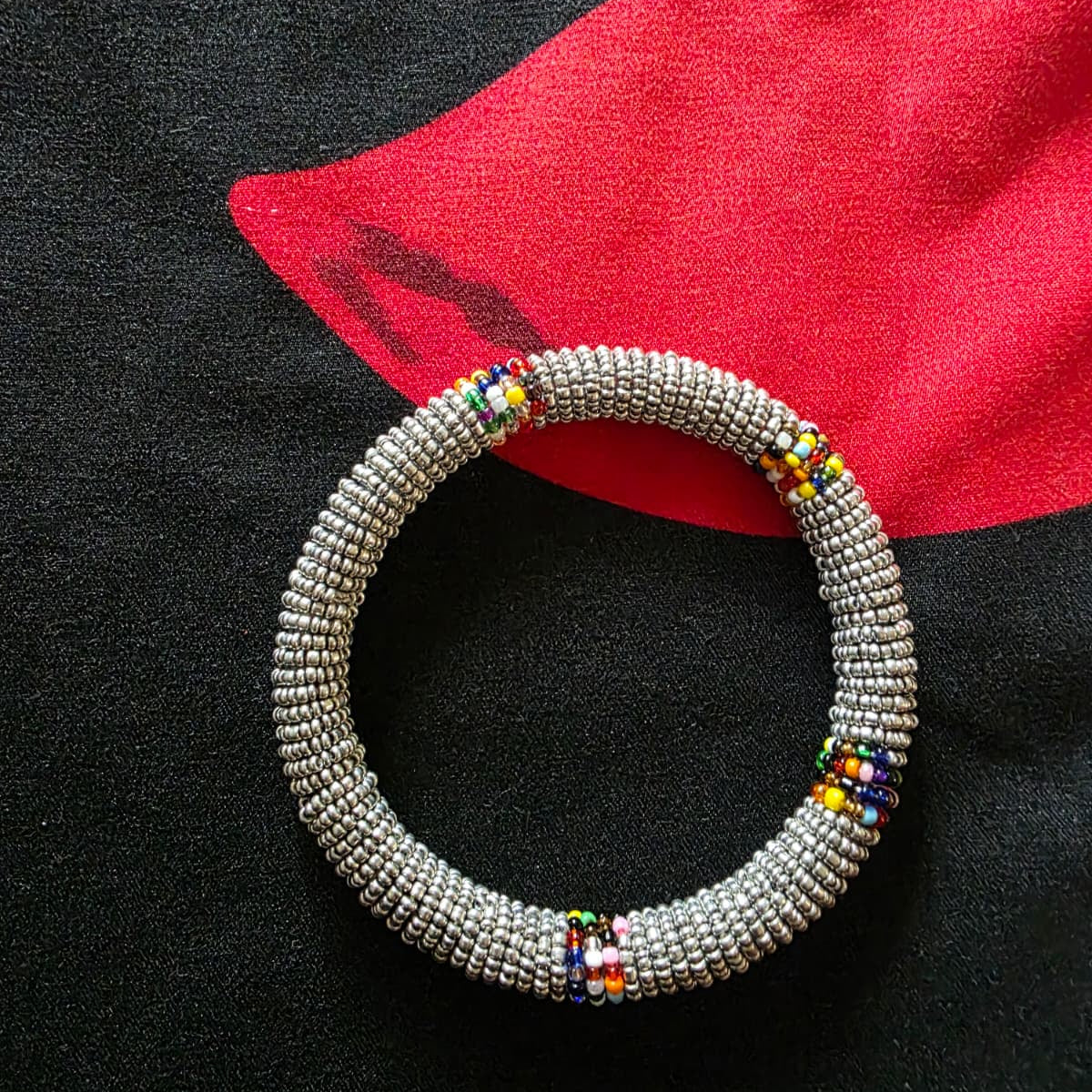Glass Bead Bangle Bracelet – Handcrafted Maasai-Inspired Design  – Silver