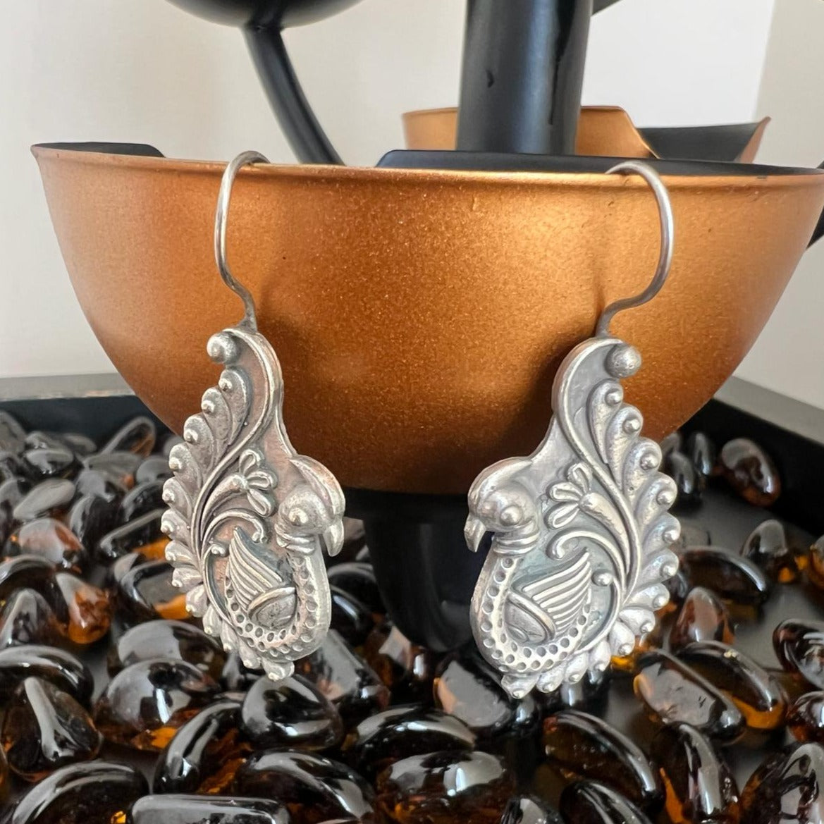 Swan-Inspired German Silver Earrings with Graceful Patterns