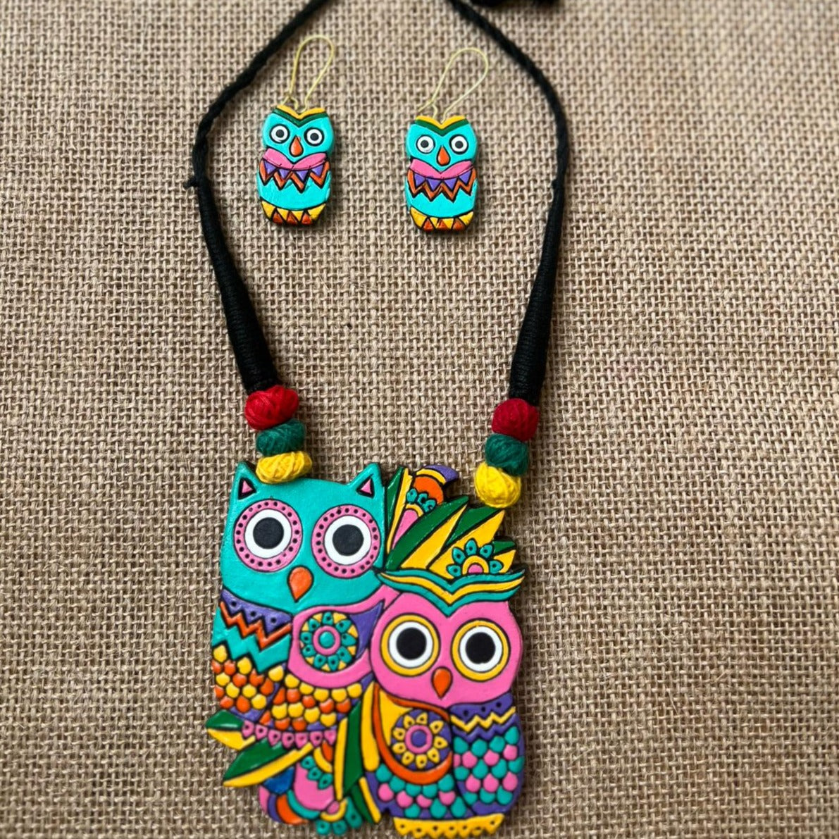 Whimsical Owls: Handcrafted Terracotta Necklace and Earring Set