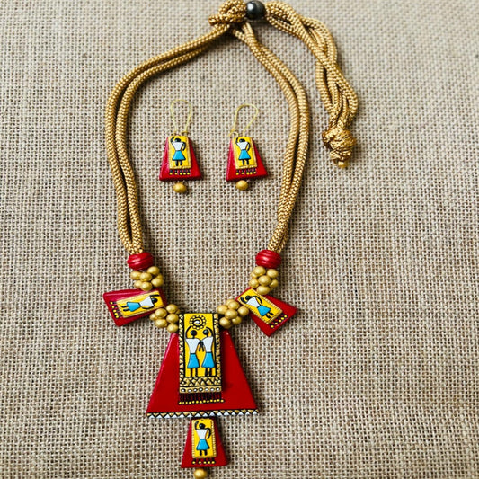 Artistic Terracotta Necklace Set with Hand-Painted Pendants