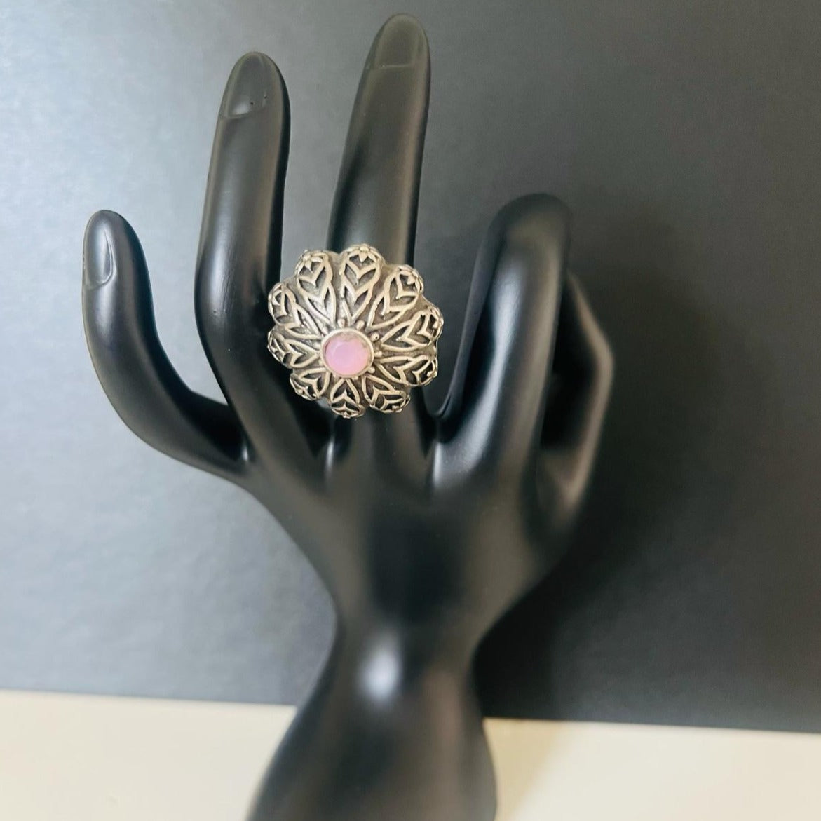 Floral Silver-Look Ring with Pink Stone - Adjustable Band