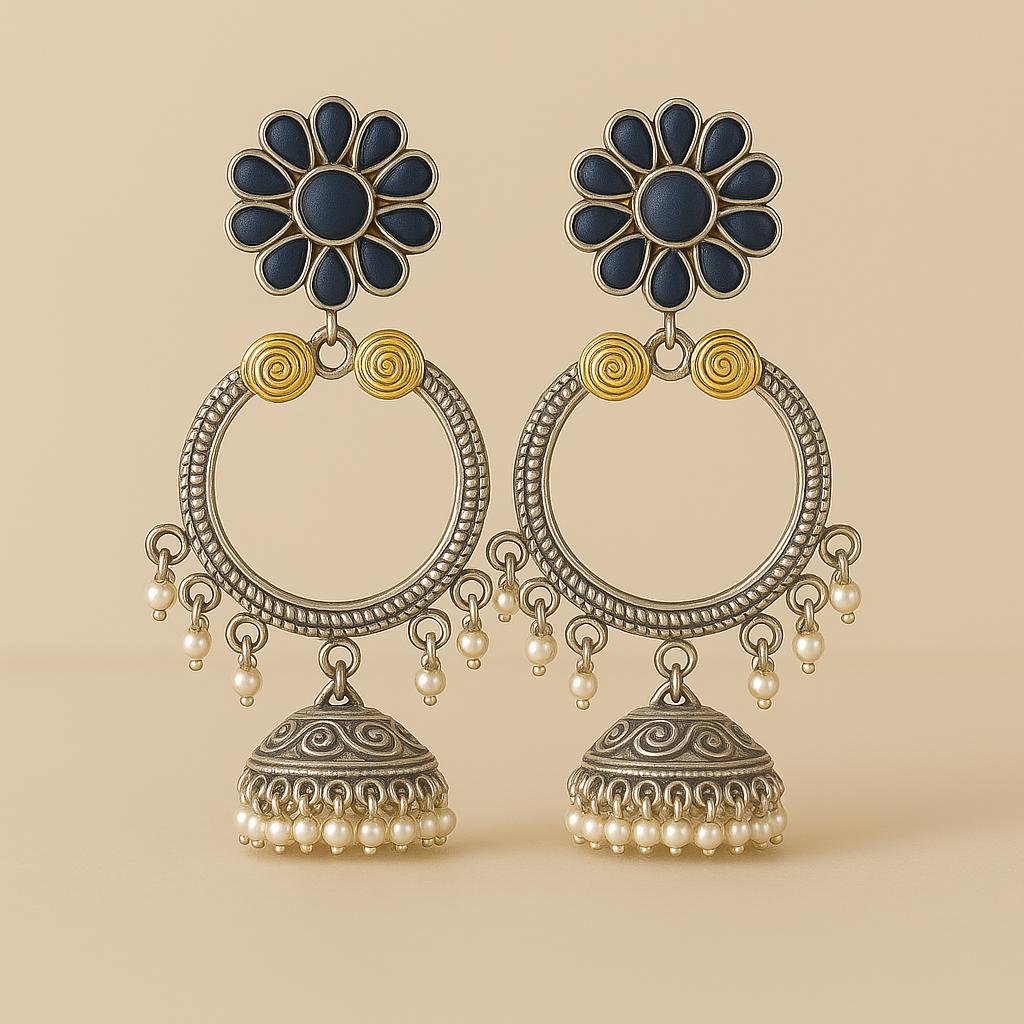 Navy Bloom Dual-Tone Jhumka Earrings with Pearl Detailing