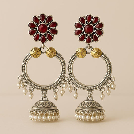Maroon Bloom Dual-Tone Jhumka Earrings with Pearl Detailing