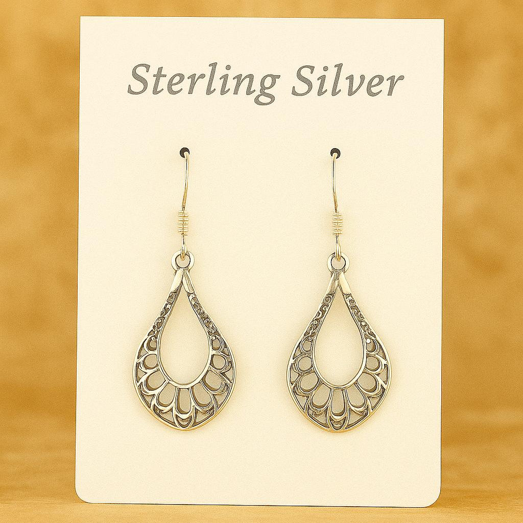 Open Teardrop Aztec Design Sterling Silver Earrings